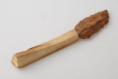 une cuillère en bois avec un manche en bois posée sur une surface blanche