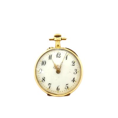 a gold pocket watch with a white face on a white background