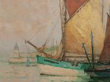 une peinture représentant un voilier sur l'eau, avec d'autres bateaux en arrière-plan