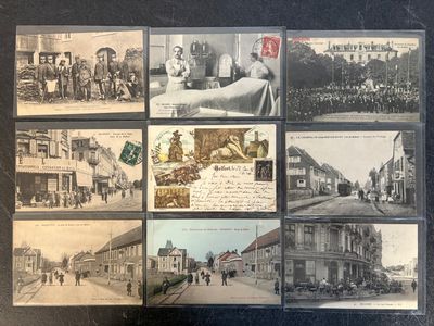 several old black and white photographs of people and buildings