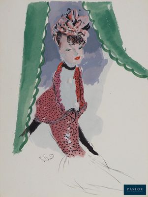 une illustration représentant une femme en robe rose et chapeau, assise sur une chaise