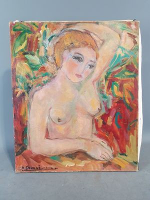 une peinture à l'huile représentant une femme nue assise sur une chaise rouge