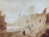 a painting of a castle on the side of a hill