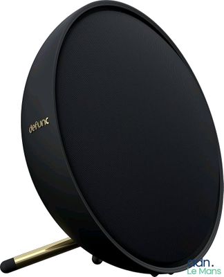 l'enceinte noire est posée sur un support métallique
