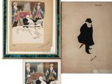 three framed drawings of a man in a hat and a woman in a dress