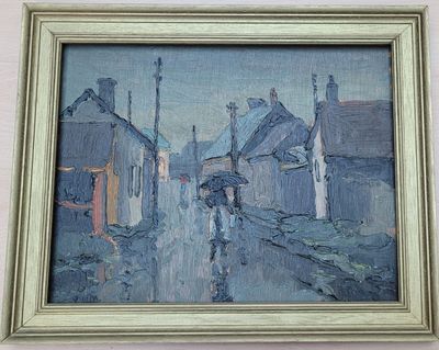 a painting of a person walking down a street with an umbrella