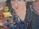 an oil painting of a woman wearing a hat and holding a flower