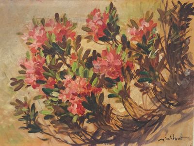 painting of a bush of pink flowers with green leaves on a beige background