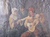 a painting of a man playing a guitar in front of two other men