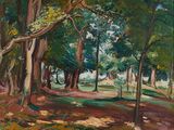 an oil painting of a wooded area with trees in the foreground