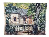 painting of a house in the woods with a fence and a tree