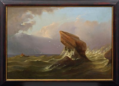 une peinture à l'huile représentant un bateau sur une mer agitée, avec un gros rocher en arrière-plan