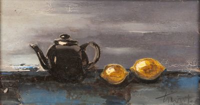 a painting of a teapot and three oranges on a table