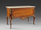 an antique chest of drawers with a marble top and two drawers