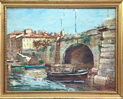 a painting of a boat on the water near a bridge