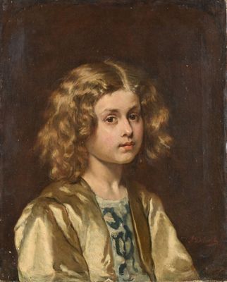 un tableau représentant une jeune fille aux cheveux blonds et vêtue d'une robe bleue