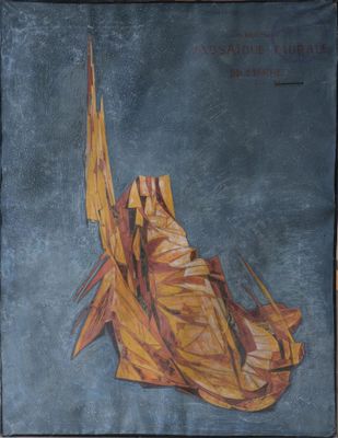 painting of an orange leaf on a blue background with a black border