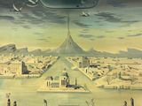 une image représentant un tableau où l'on voit un bateau sur un plan d'eau, avec une ville en arrière-plan