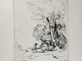 a black and white drawing of a tree with a person sitting under it
