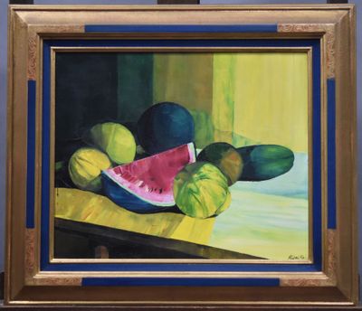tableau représentant une nature morte avec une pastèque et d'autres fruits posés sur une table