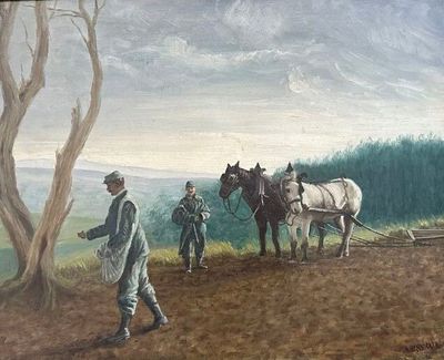une peinture représentant un homme labourant un champ avec deux chevaux