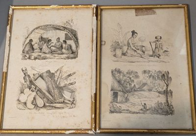deux dessins encadrés représentant des personnes dans un bateau et un homme dans un canoë