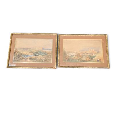 two framed paintings of a landscape with a river and a town
