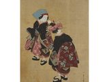 a painting of two women dressed in traditional clothing and hats