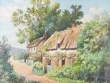 une peinture à l'huile représentant un gîte rural au toit de chaume