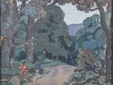 un tableau représentant un homme qui descend un chemin à vélo