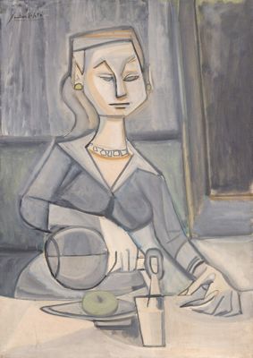 tableau représentant une femme assise sur une table, avec un bol de fruits devant elle