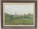 an image of a painting of a church in a green field