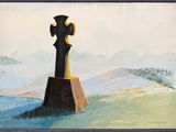 un tableau représentant une croix dans un champ, avec des montagnes en arrière-plan