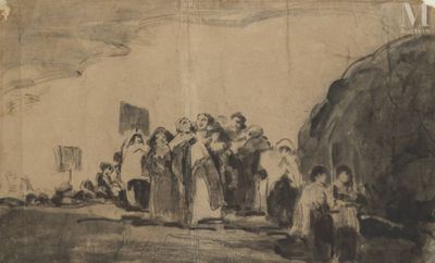 drawing of a group of people standing in front of a building