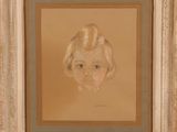a painting of a little girl with blonde hair in a gold frame