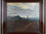 a painting of a landscape with a mountain in the background