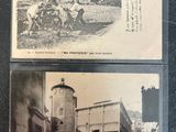 two old black and white photos of people and horses in a town