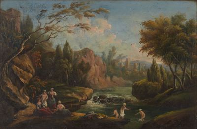 tableau représentant un paysage fluvial avec un groupe de personnes au premier plan