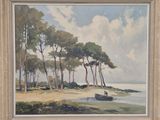 une image représentant un tableau où l'on voit un bateau sur l'eau, près d'arbres