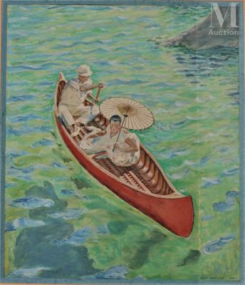une image représentant un tableau où l'on voit deux personnes dans un canoë