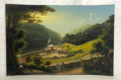 une photo d'un tableau représentant un paysage avec des chevaux