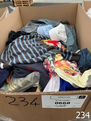 a cardboard box filled with clothes and other items