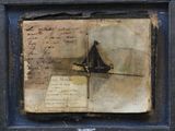 painting of a sailboat on a piece of paper with writing on it