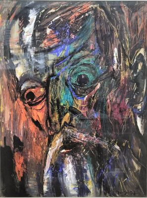 an oil painting of a man with glasses and a beard