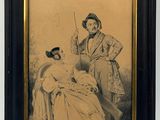 une vieille photo représentant un homme et une femme vêtus de costumes d'époque