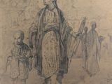 an old drawing of a man and two children walking in a street