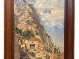 an oil painting of a mountain scene with a house on the side
