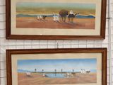 painting of a desert scene with camels and other animals hanging on a wall