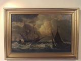 un tableau accroché au mur d'une pièce où l'on voit un bateau sur l'eau