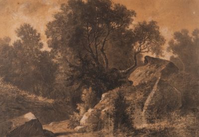 a picture of a painting of a man sitting on a rock